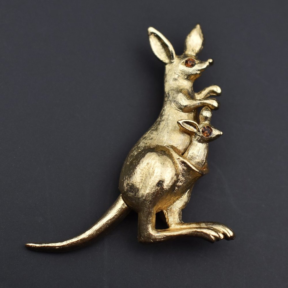 Gold kangaroo brooch pin, GF Avon 60s vintage jewelry, collectible antique